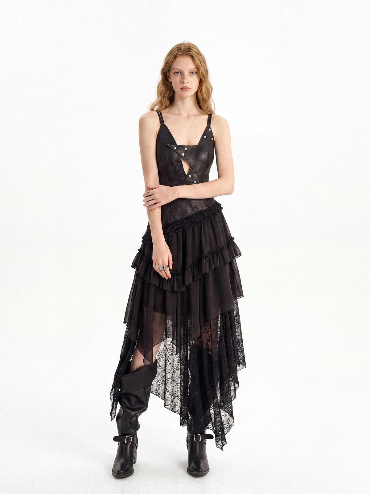punknova Dark Gothic Irregular Faux Two Piece Leather Women's Slip Maxi Dresses