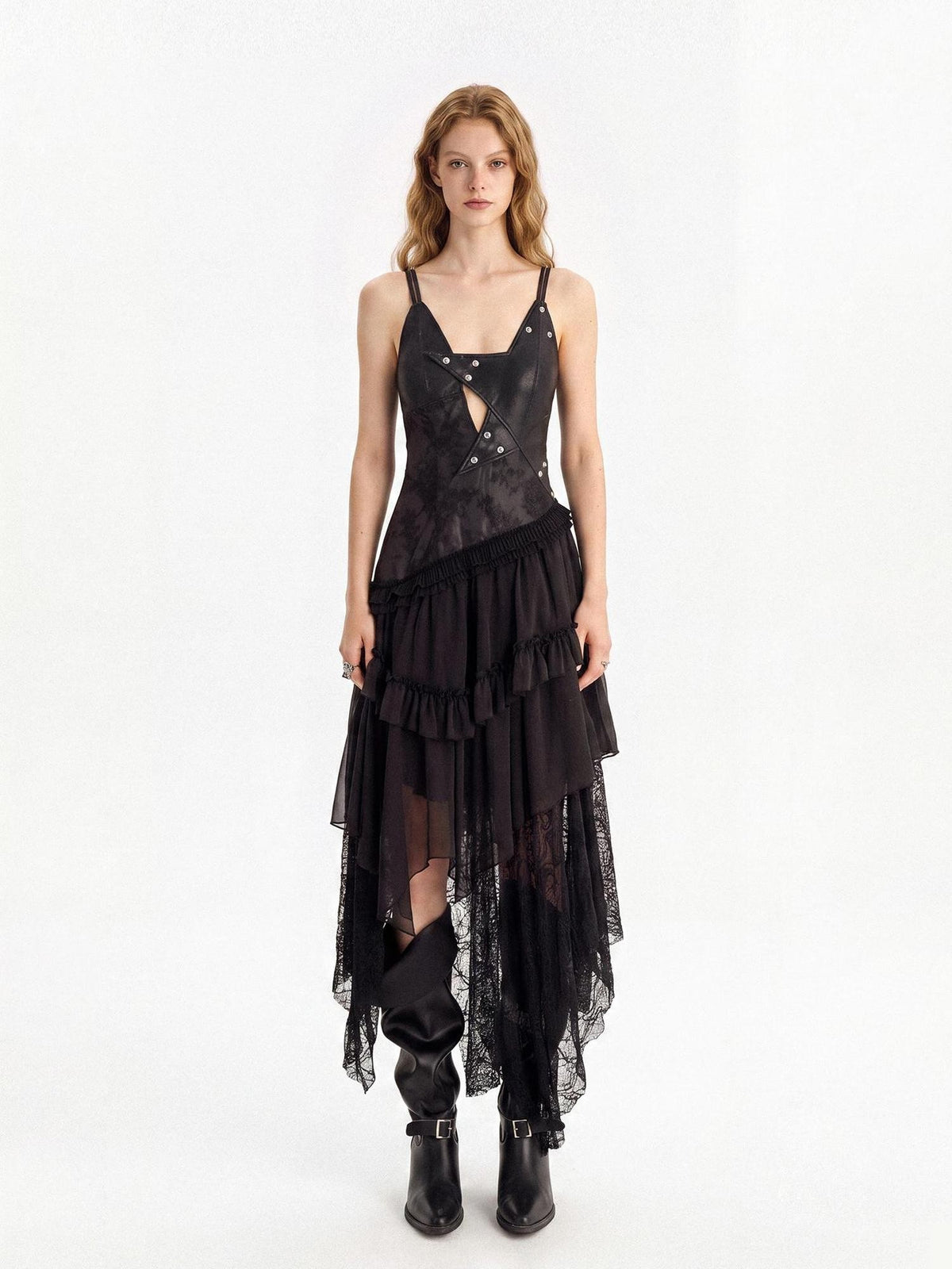 punknova Dark Gothic Irregular Faux Two Piece Leather Women's Slip Maxi Dresses