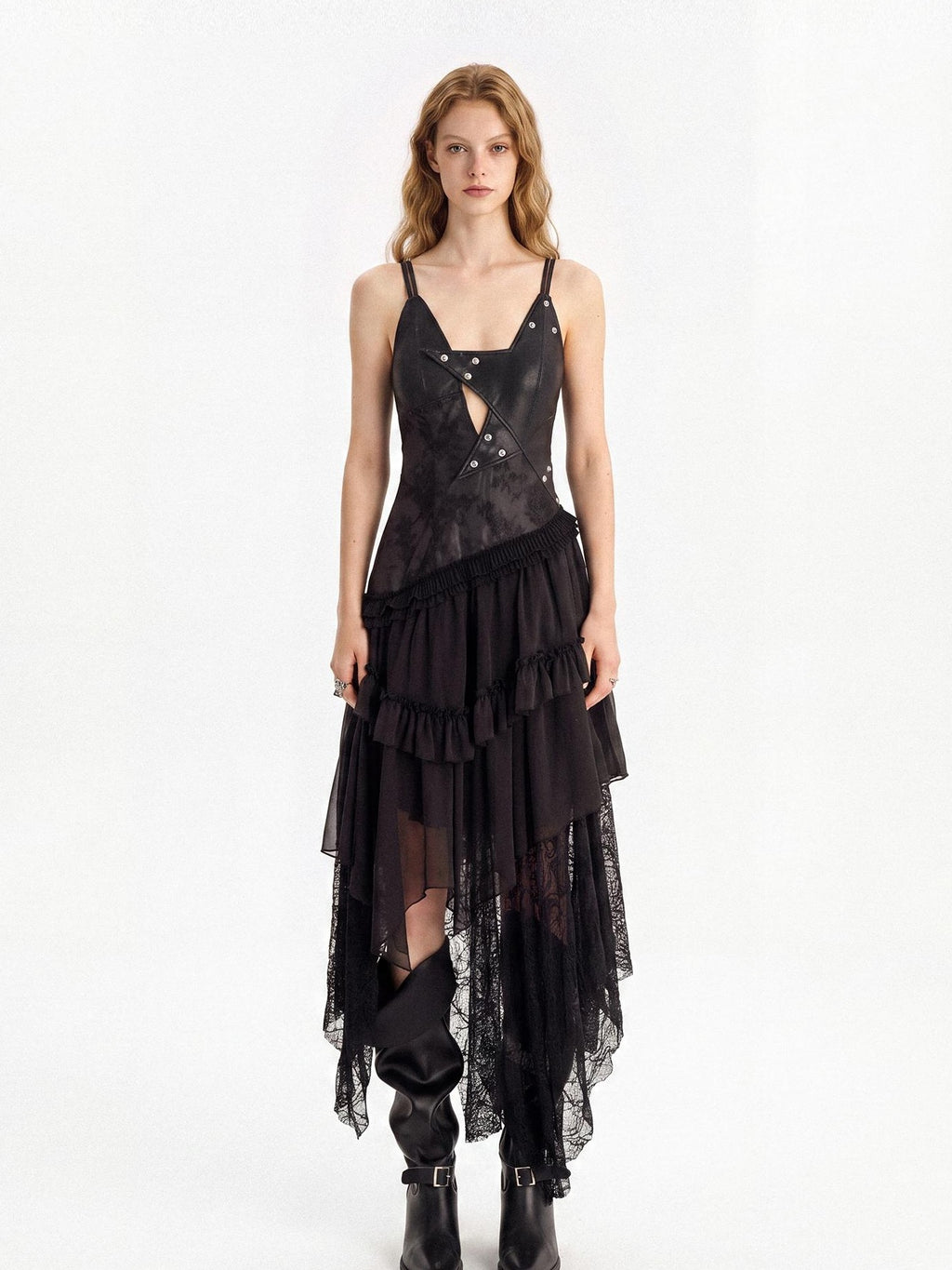 punknova Dark Gothic Irregular Faux Two Piece Leather Women's Slip Maxi Dresses
