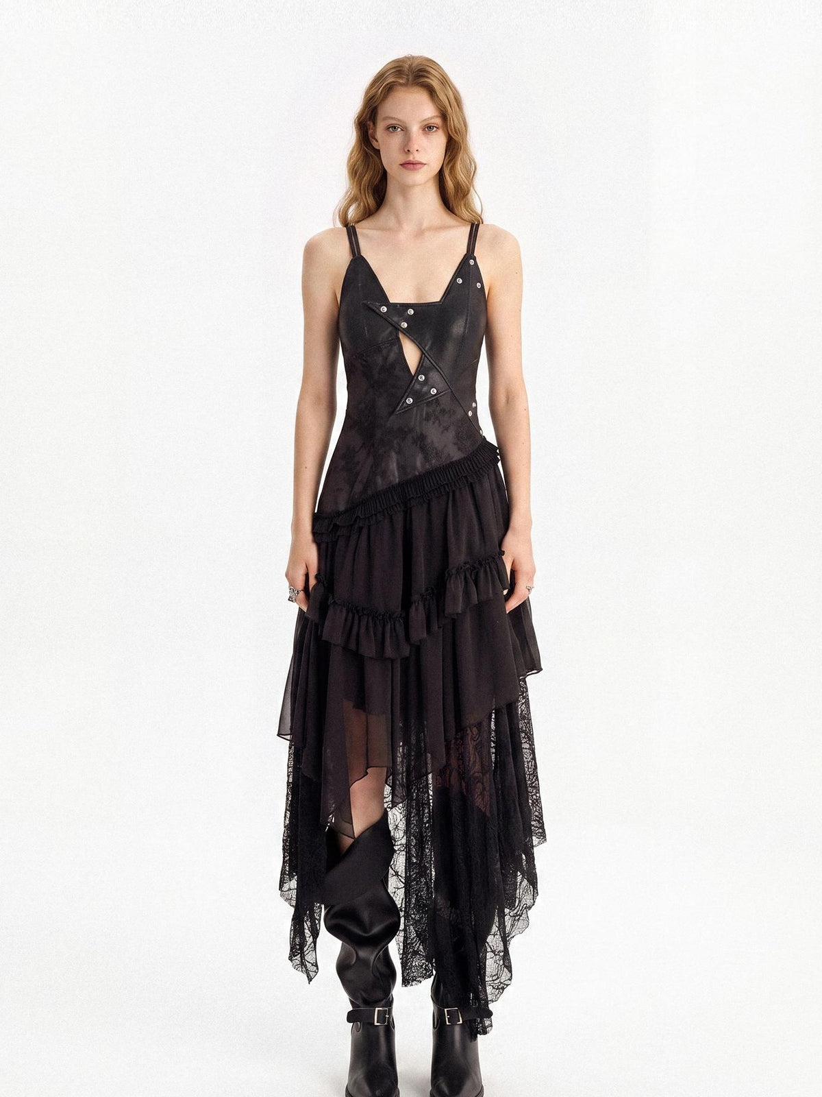 punknova Dark Gothic Irregular Faux Two Piece Leather Women's Slip Maxi Dresses