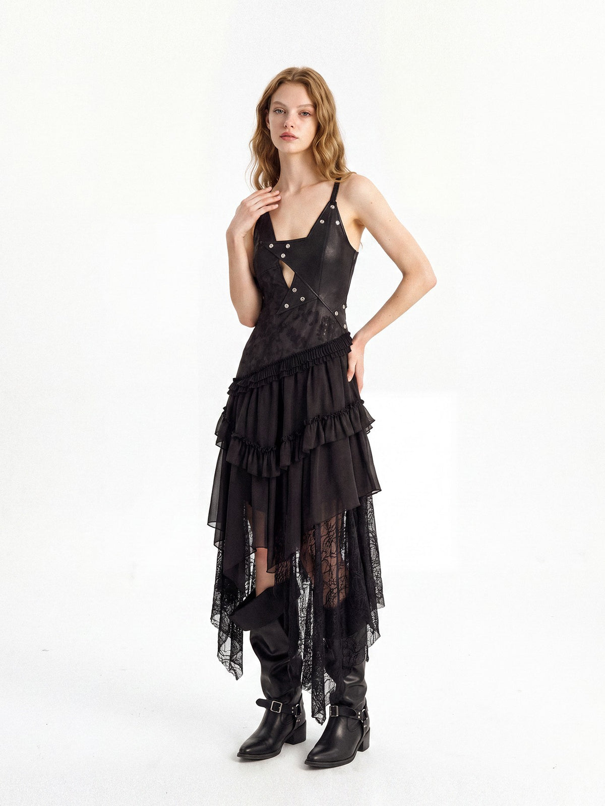punknova Dark Gothic Irregular Faux Two Piece Leather Women's Slip Maxi Dresses