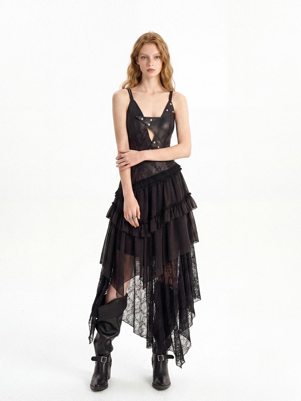 punknova Dark Gothic Irregular Faux Two Piece Leather Women's Slip Maxi Dresses