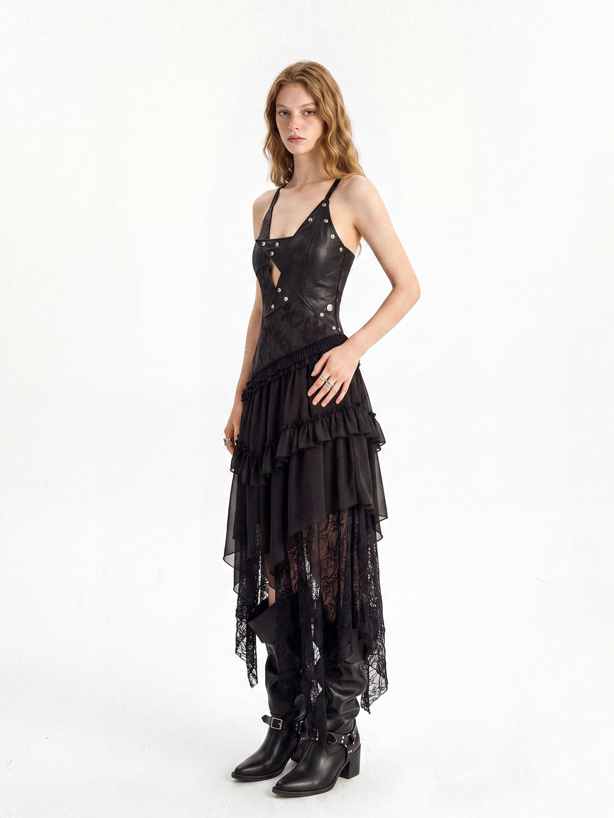 punknova Dark Gothic Irregular Faux Two Piece Leather Women's Slip Maxi Dresses