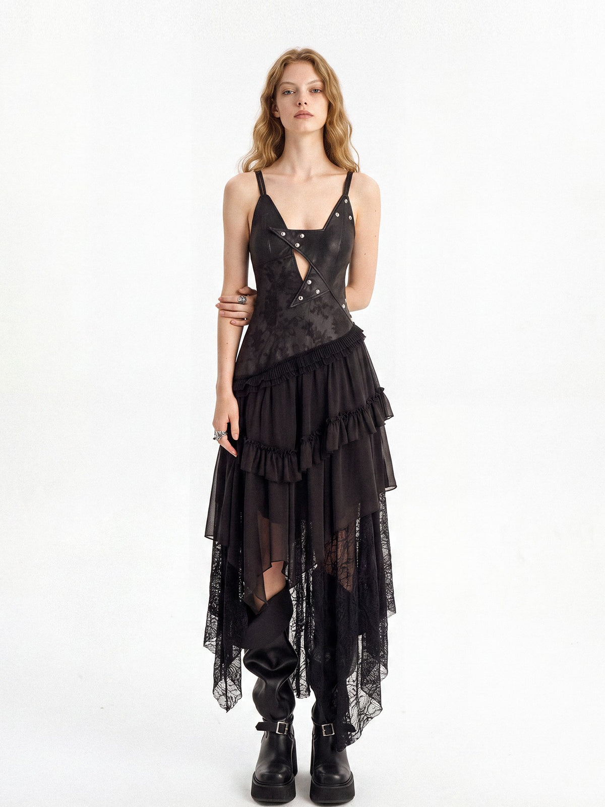 punknova Dark Gothic Irregular Faux Two Piece Leather Women's Slip Maxi Dresses