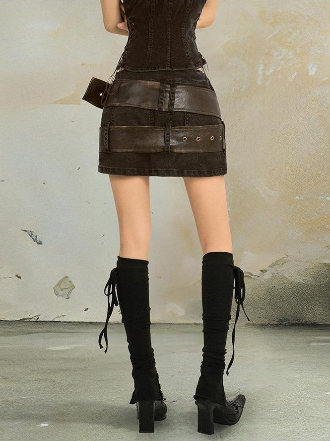 punknova Distressed Gothic Halter Low Waist A Line Women's Denim Matching Skirt Sets