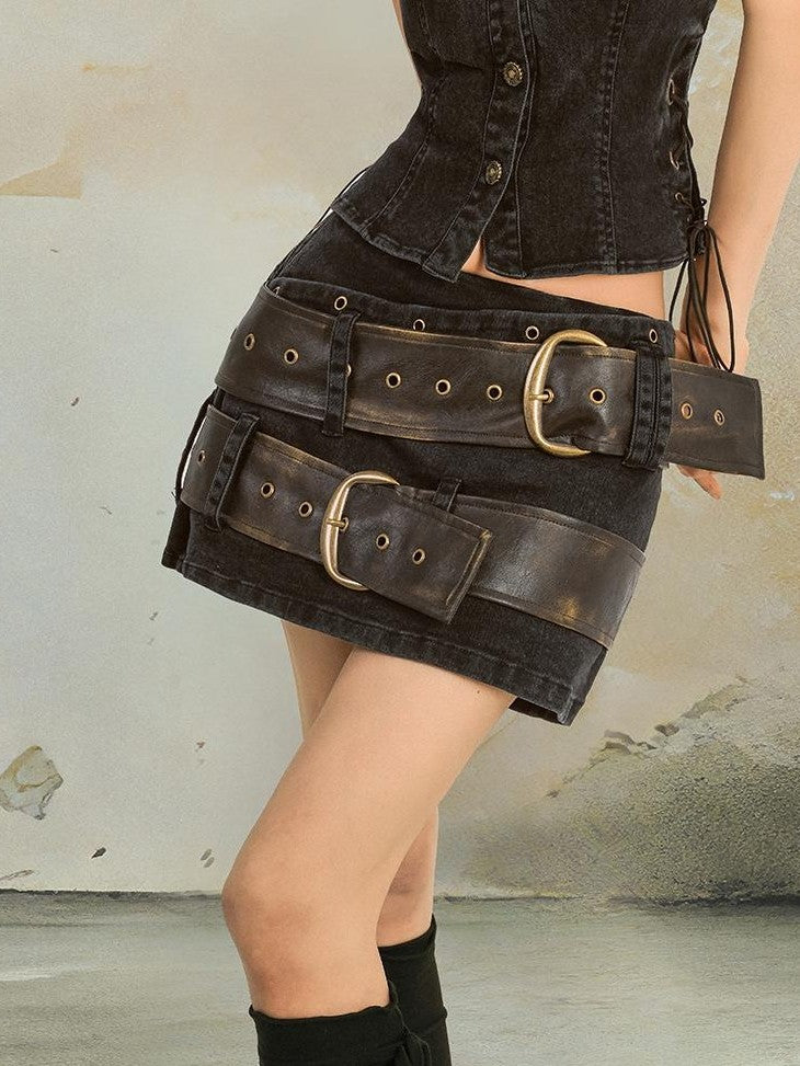 punknova Distressed Gothic Halter Low Waist A Line Women's Denim Matching Skirt Sets