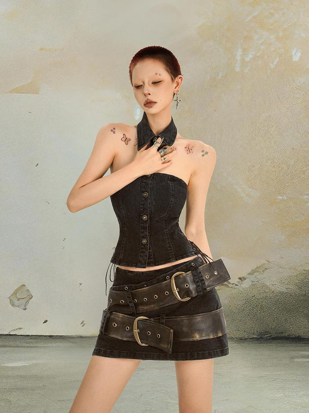 punknova Distressed Gothic Halter Low Waist A Line Women's Denim Matching Skirt Sets