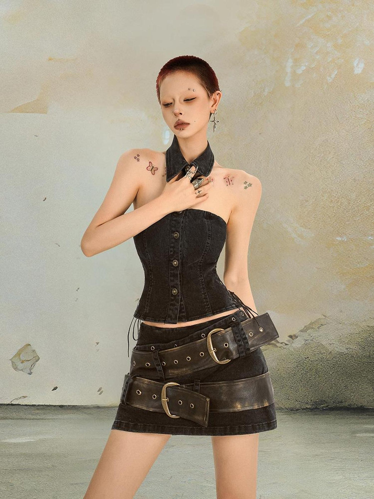 punknova Distressed Gothic Halter Low Waist A Line Women's Denim Matching Skirt Sets