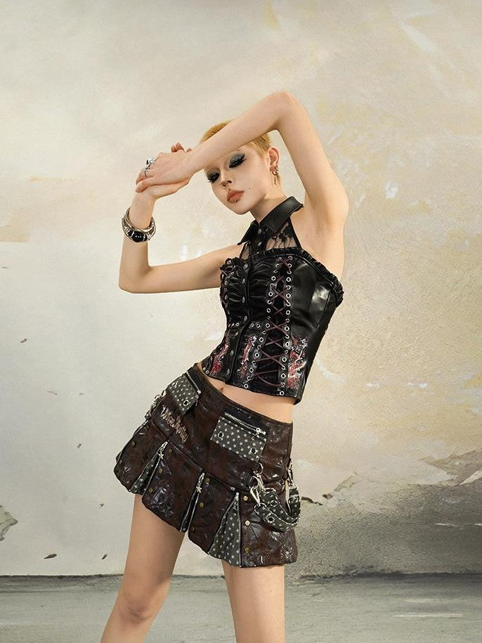 punknova Gothic Lace Patchwork Open Back Slim Fit Women's Halter Tops