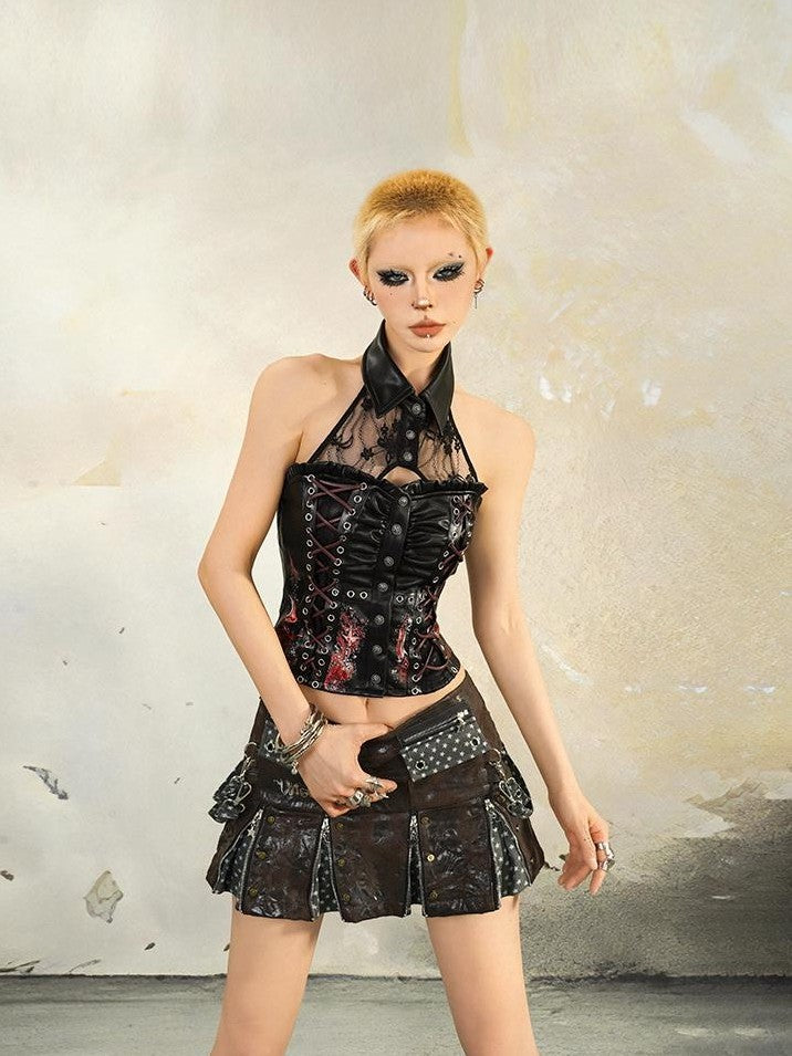 punknova Gothic Lace Patchwork Open Back Slim Fit Women's Halter Tops