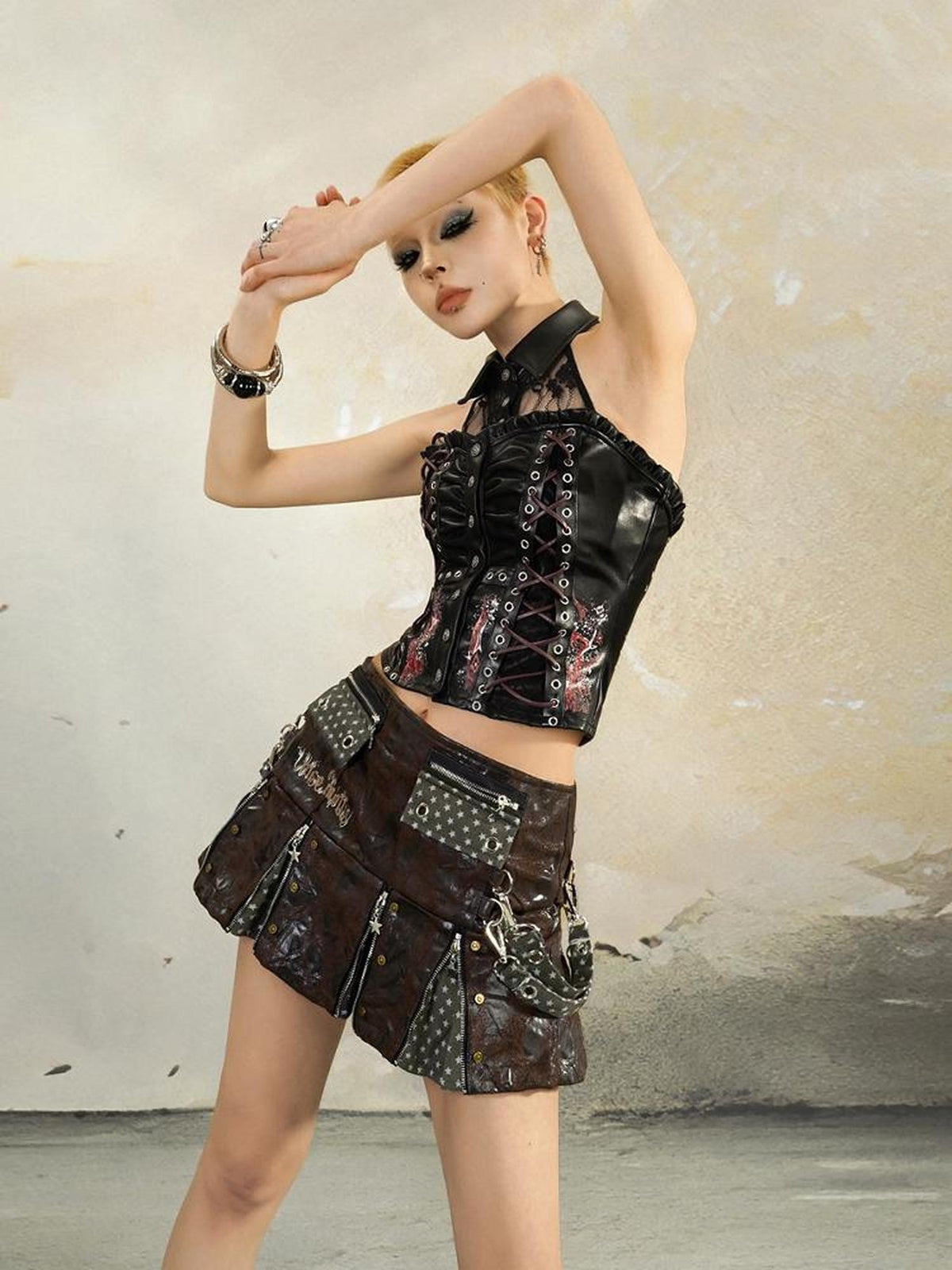 punknova Gothic Lace Patchwork Open Back Slim Fit Women's Halter Tops