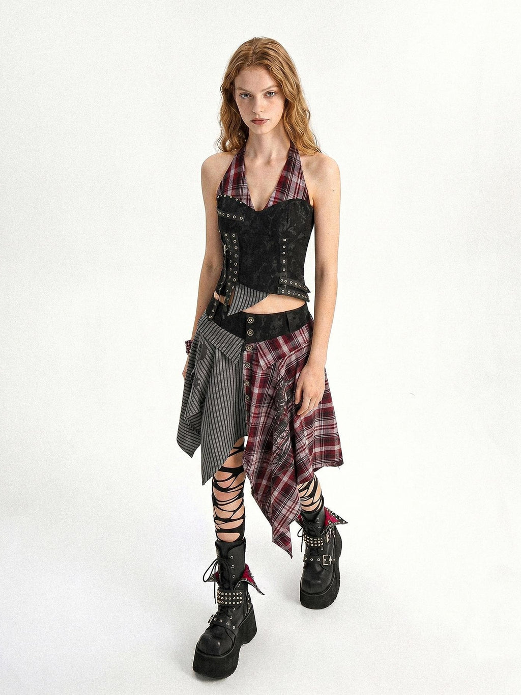 punknova Gothic Plaid Lapel Lace Up Slim Fit Women's Halter Tops
