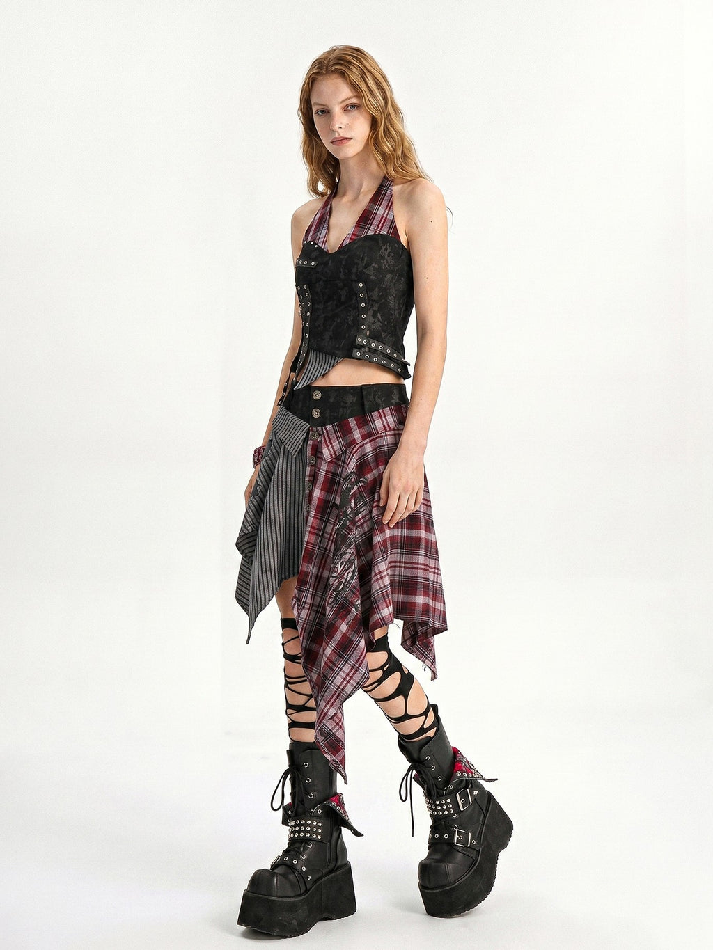punknova Gothic Plaid Lapel Lace Up Slim Fit Women's Halter Tops