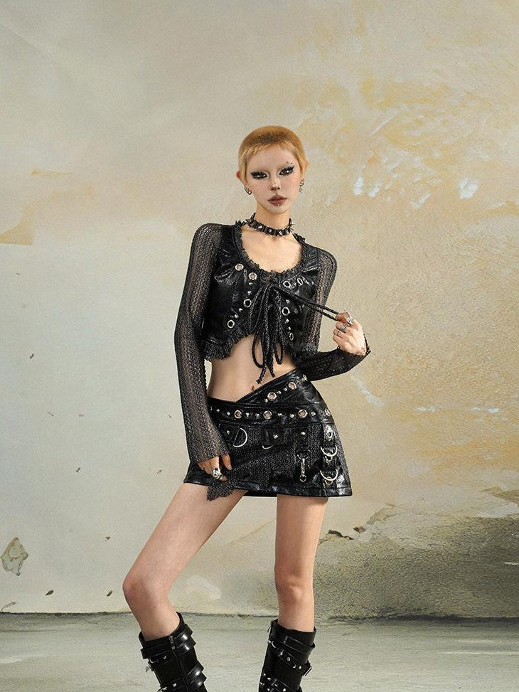 punknova Gothic Studded Metal Ring Asymmetric A Line Women's Polyester Mini Skirts