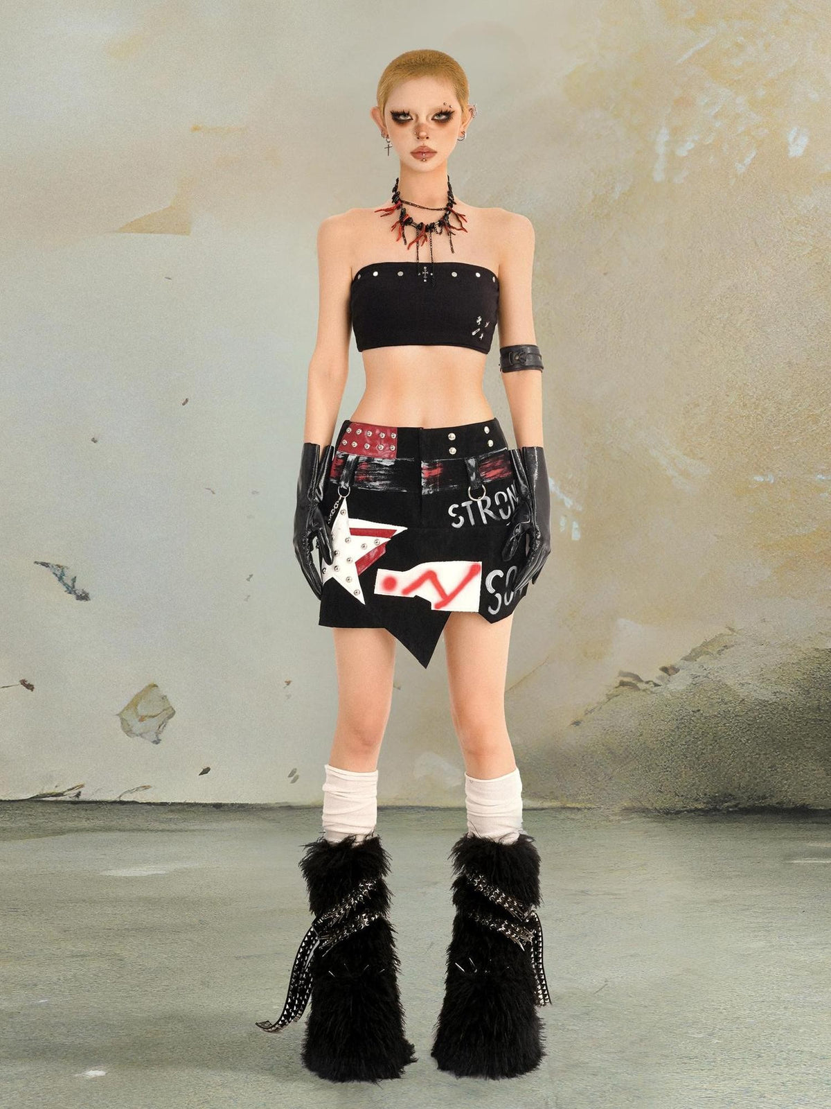 punknova Gothic Studded Metallic Graffiti Pu Leather Women's Mini Skirts