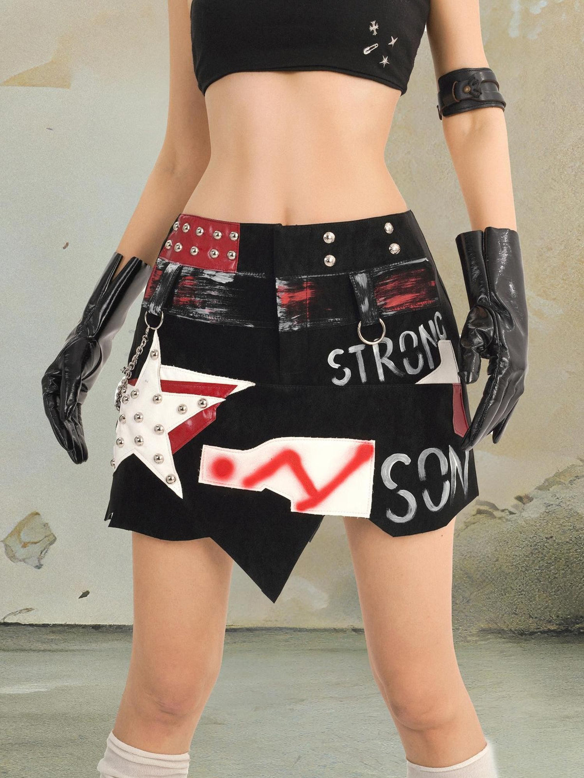 punknova Gothic Studded Metallic Graffiti Pu Leather Women's Mini Skirts