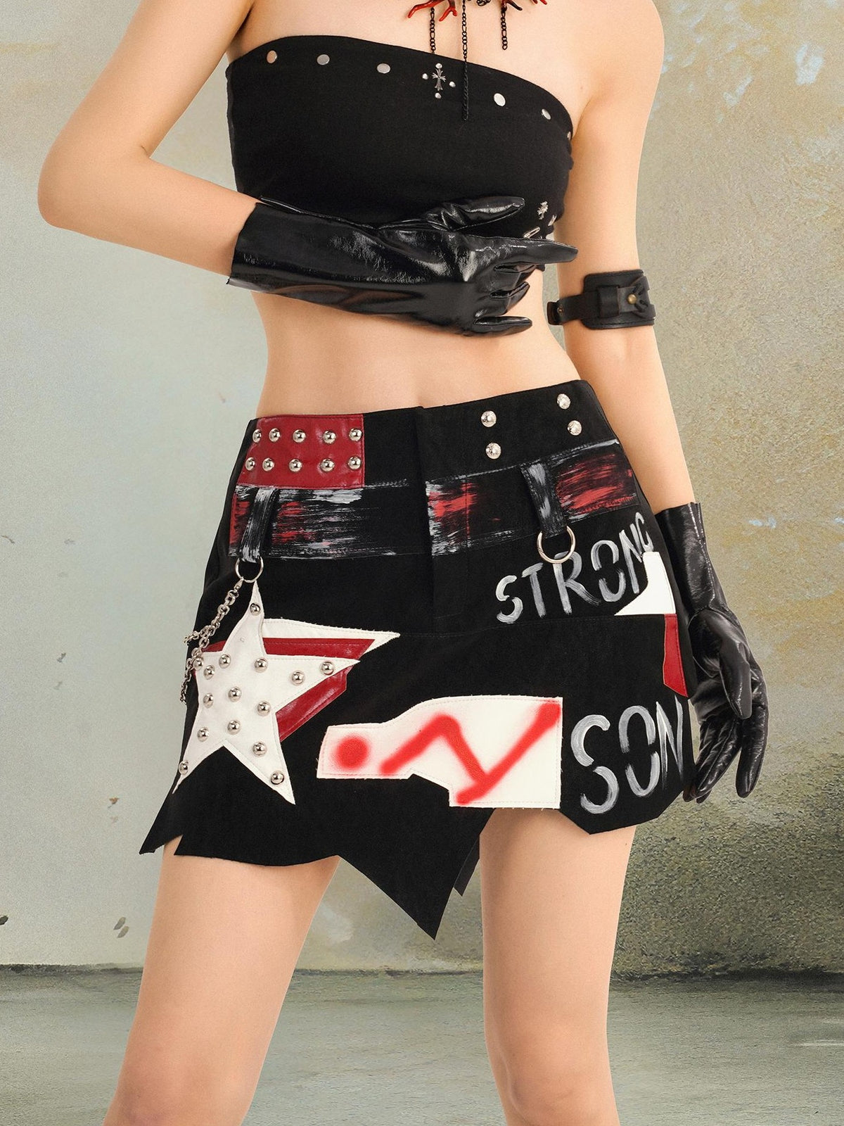 punknova Gothic Studded Metallic Graffiti Pu Leather Women's Mini Skirts