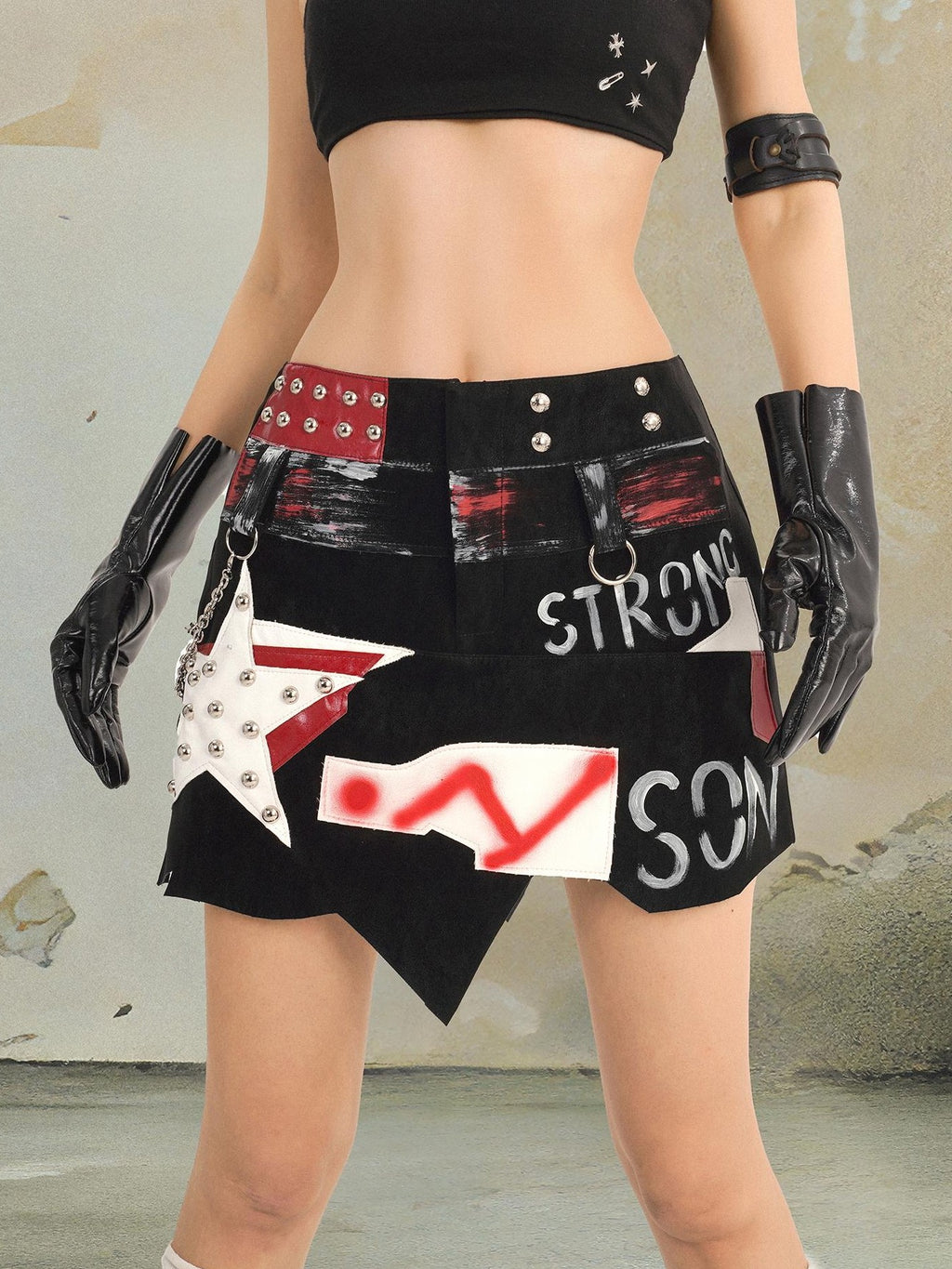 punknova Gothic Studded Metallic Graffiti Pu Leather Women's Mini Skirts