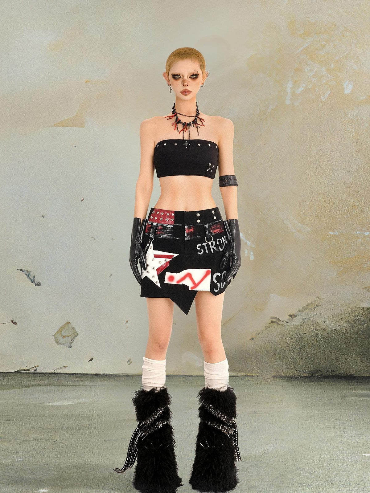 punknova Gothic Studded Metallic Graffiti Pu Leather Women's Mini Skirts