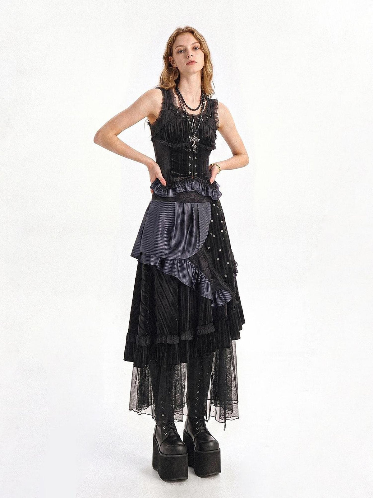 punknova Gothic Velvet Mesh Ruffle Asymmetric Low Waist Women's Silk Matching Skirt Sets