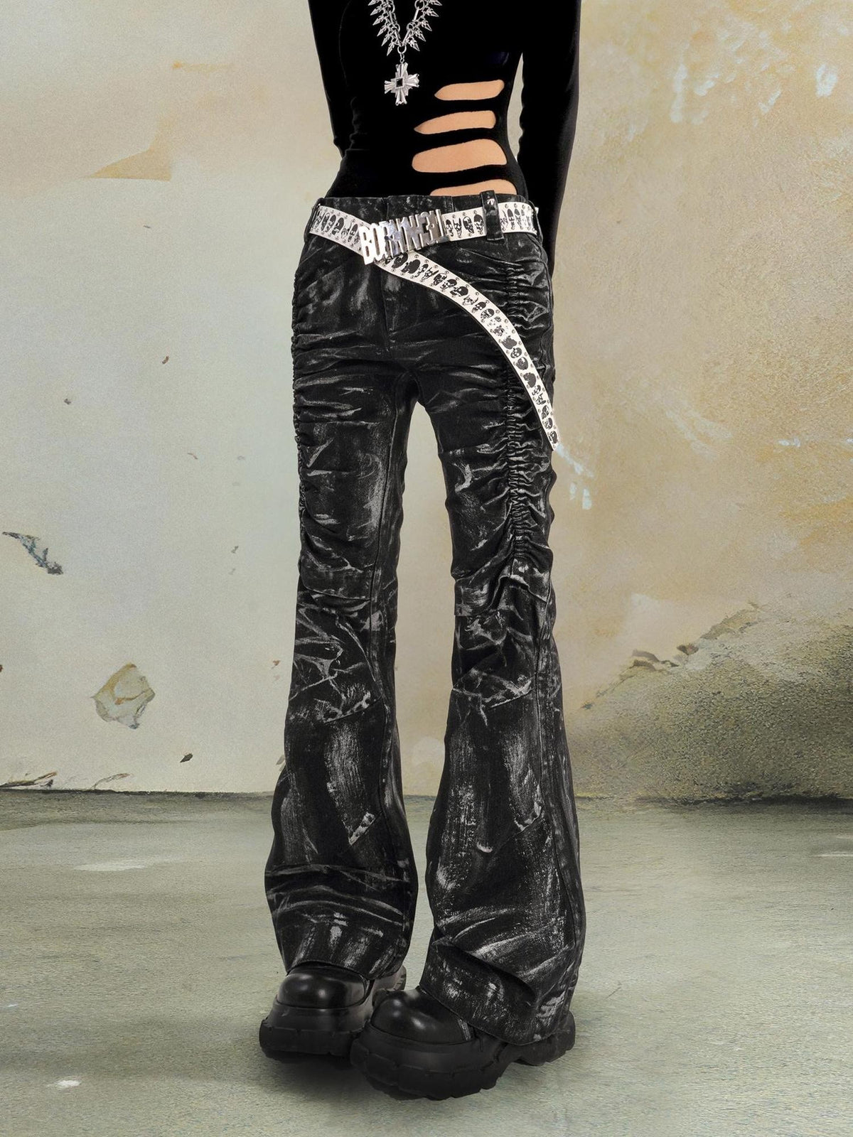 punknova Gothic Washed Gold Stamped Pleated Low Rise Women's Bootcut Jeans