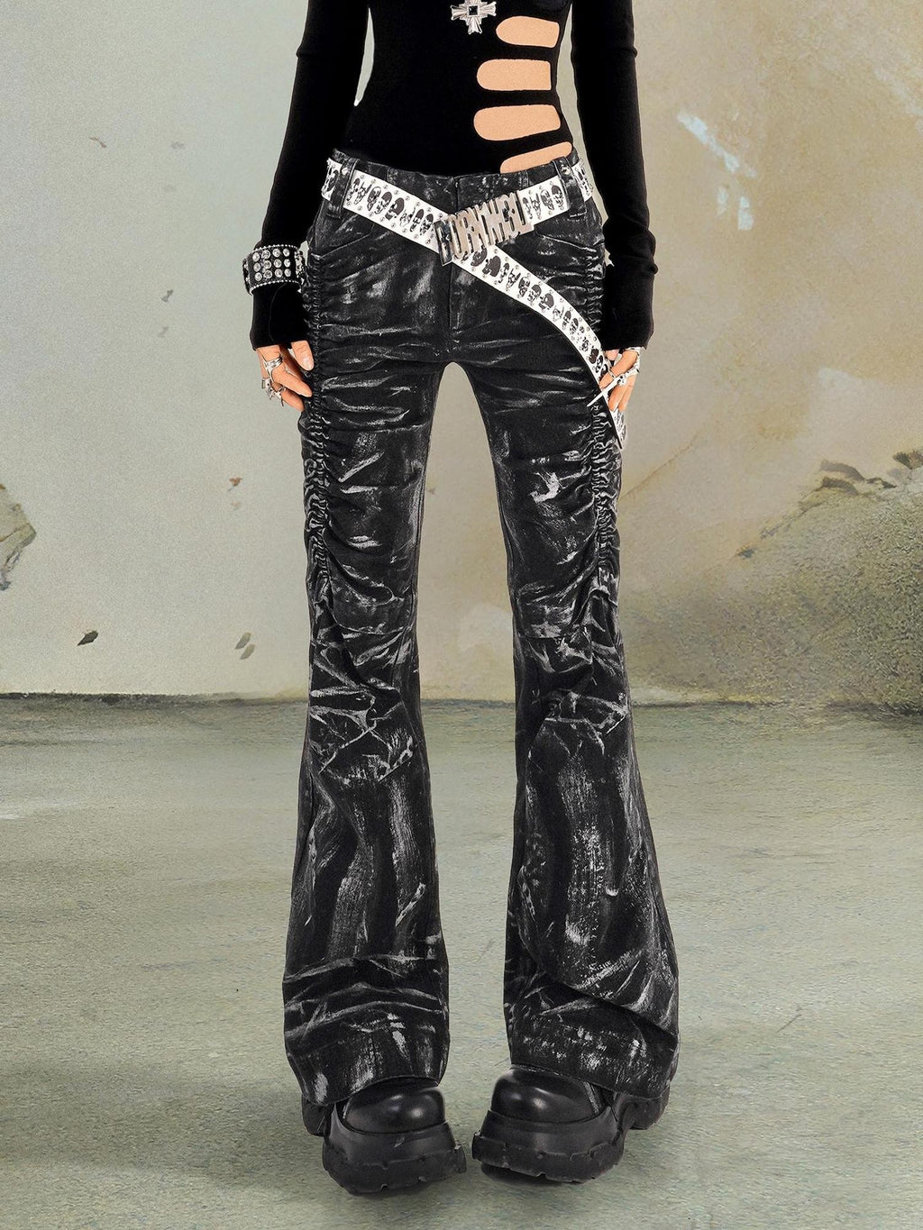 punknova Gothic Washed Gold Stamped Pleated Low Rise Women's Bootcut Jeans