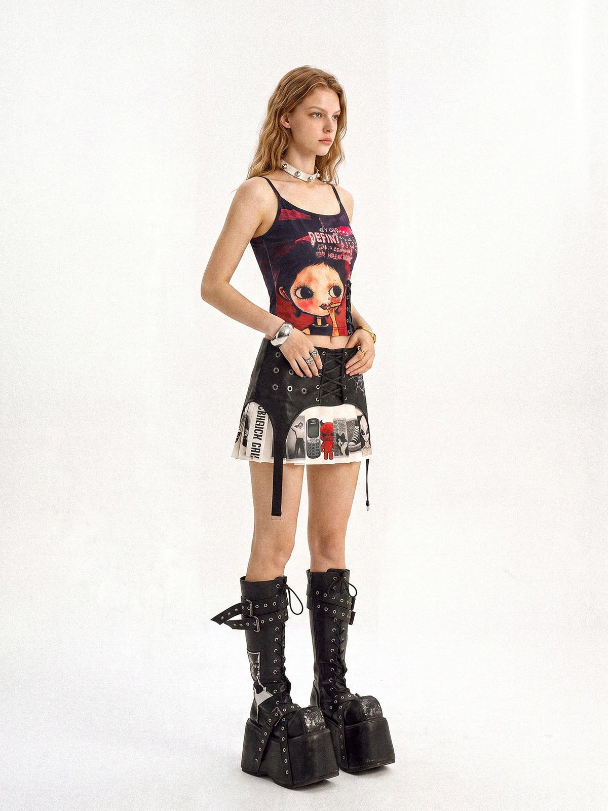 punknova Graffiti Pleated Low Waist Asymmetric Women's Mini Skirts