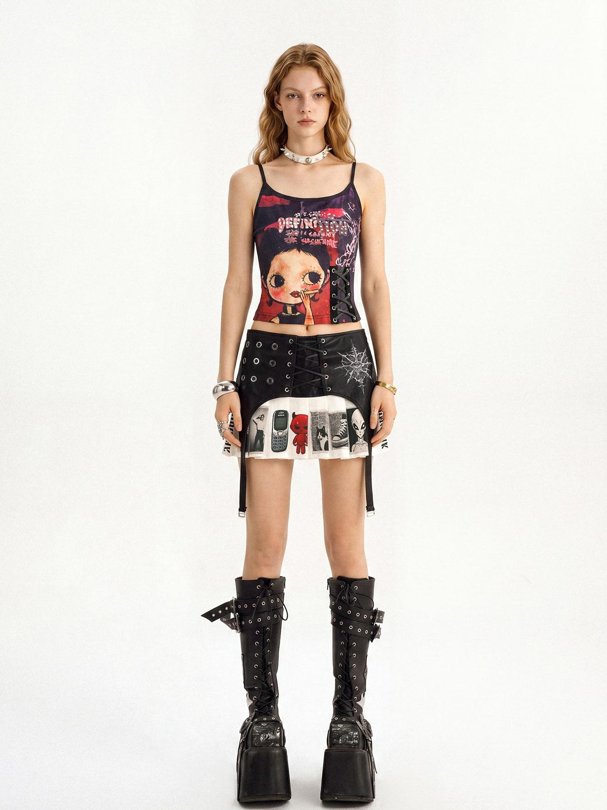 punknova Graffiti Pleated Low Waist Asymmetric Women's Mini Skirts