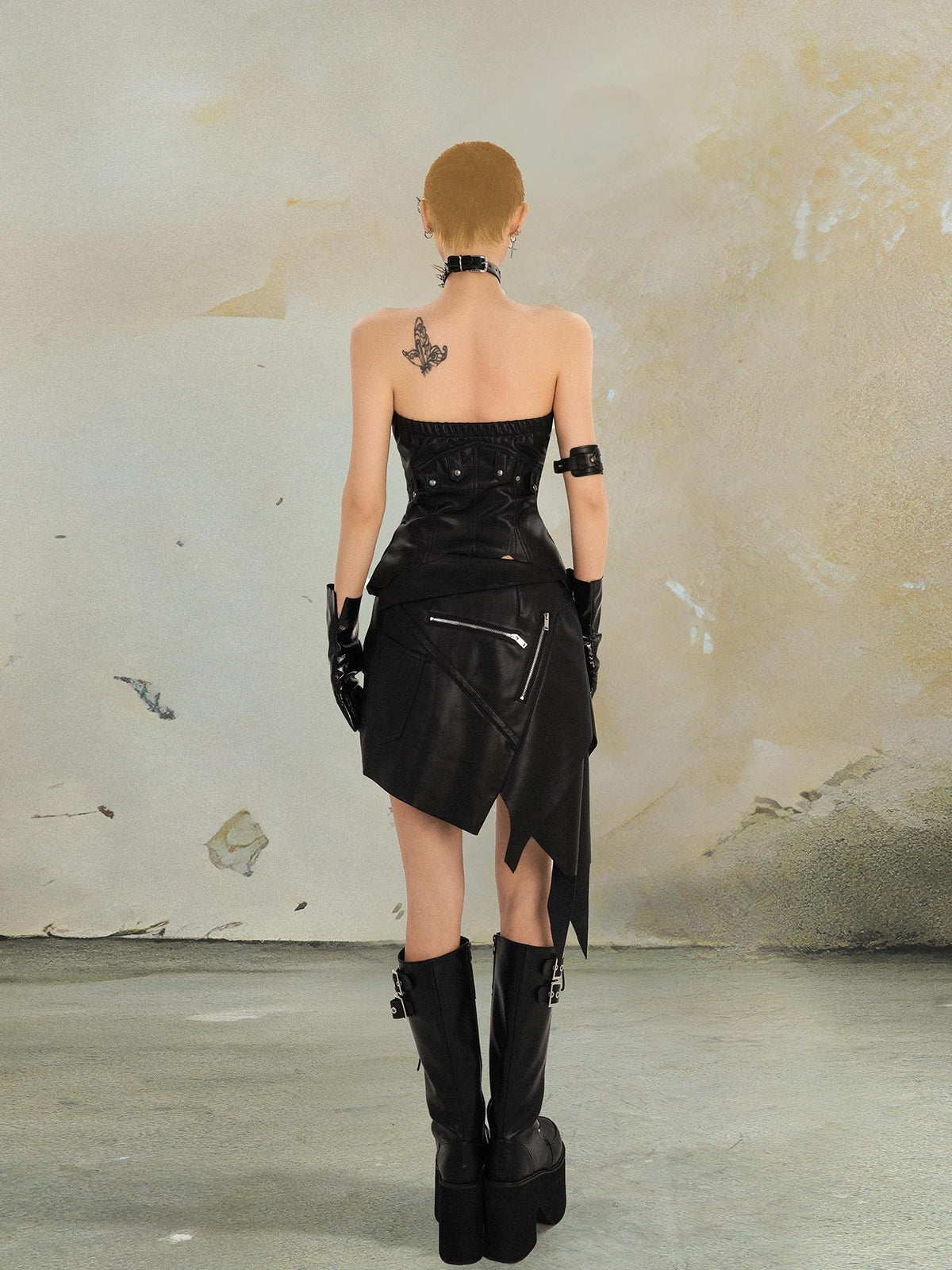 punknova Punk Dark Graffiti Letter Pu Leather Zip Slim Fit Women's Matching Skirt Sets