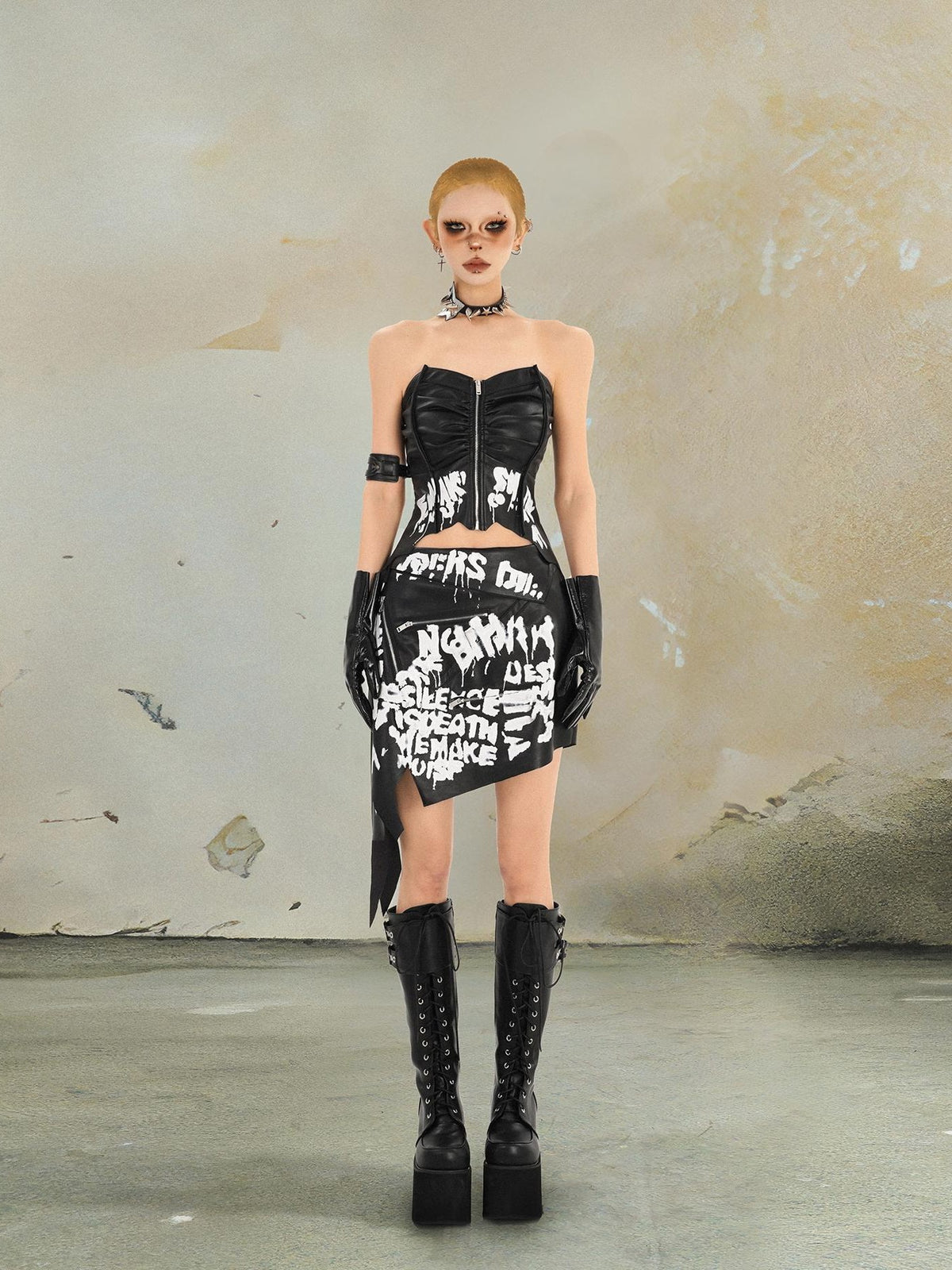 punknova Punk Dark Graffiti Letter Pu Leather Zip Slim Fit Women's Matching Skirt Sets