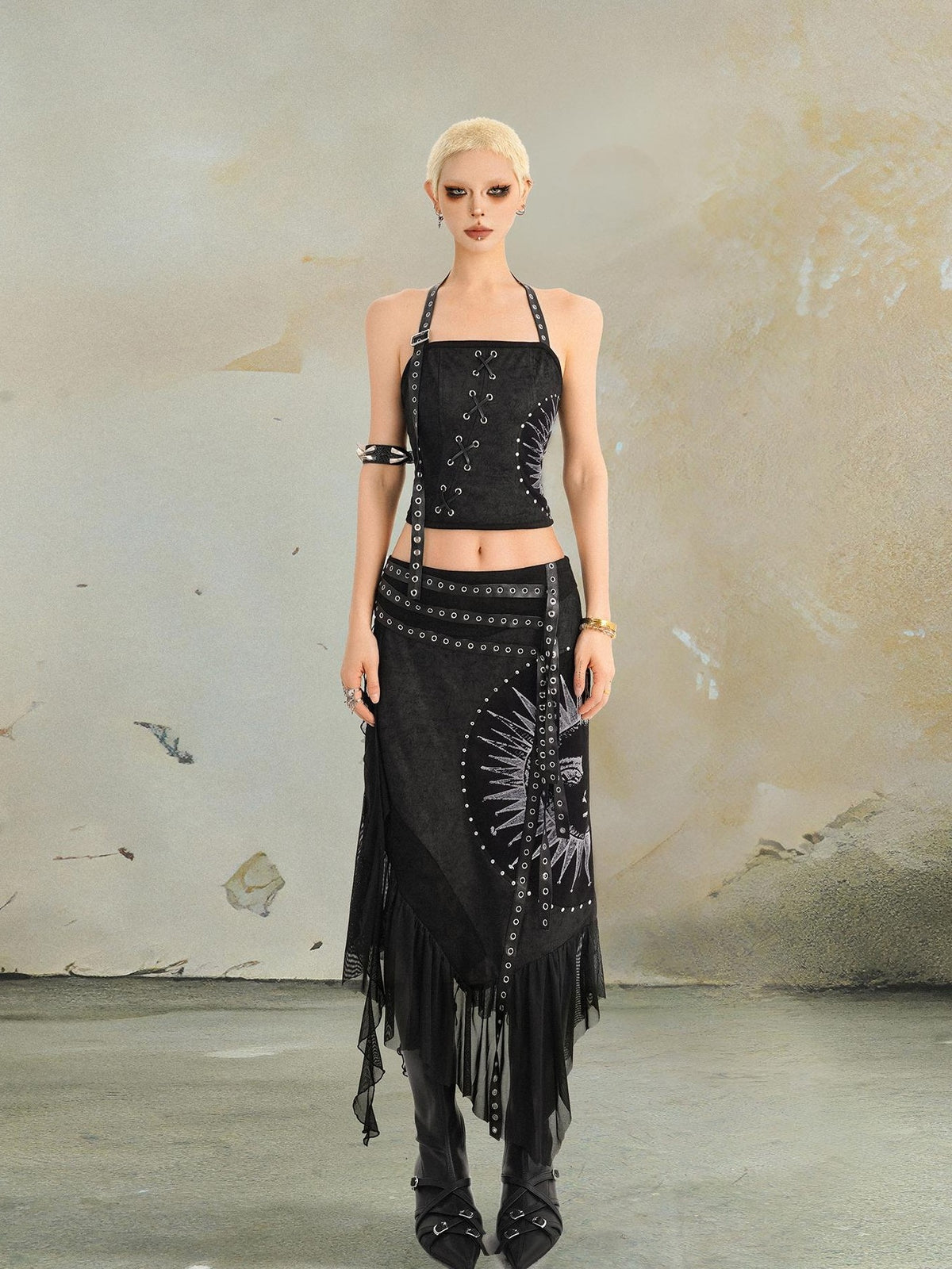 punknova Punk Gothic Lace Up Low Waist Asymmetric Women's Matching Skirt Sets