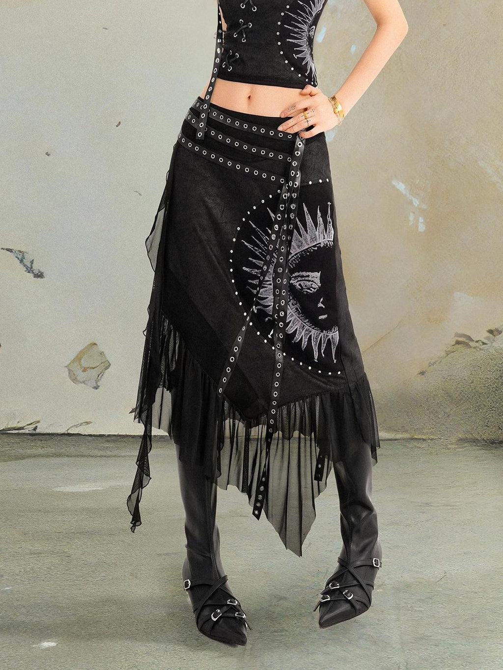 punknova Punk Gothic Lace Up Low Waist Asymmetric Women's Matching Skirt Sets