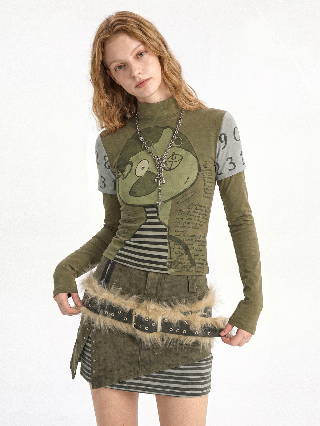 punknova Punk Graffiti Striped Long Sleeve Stand Collar Women's Three Piece Matching Skirt Sets