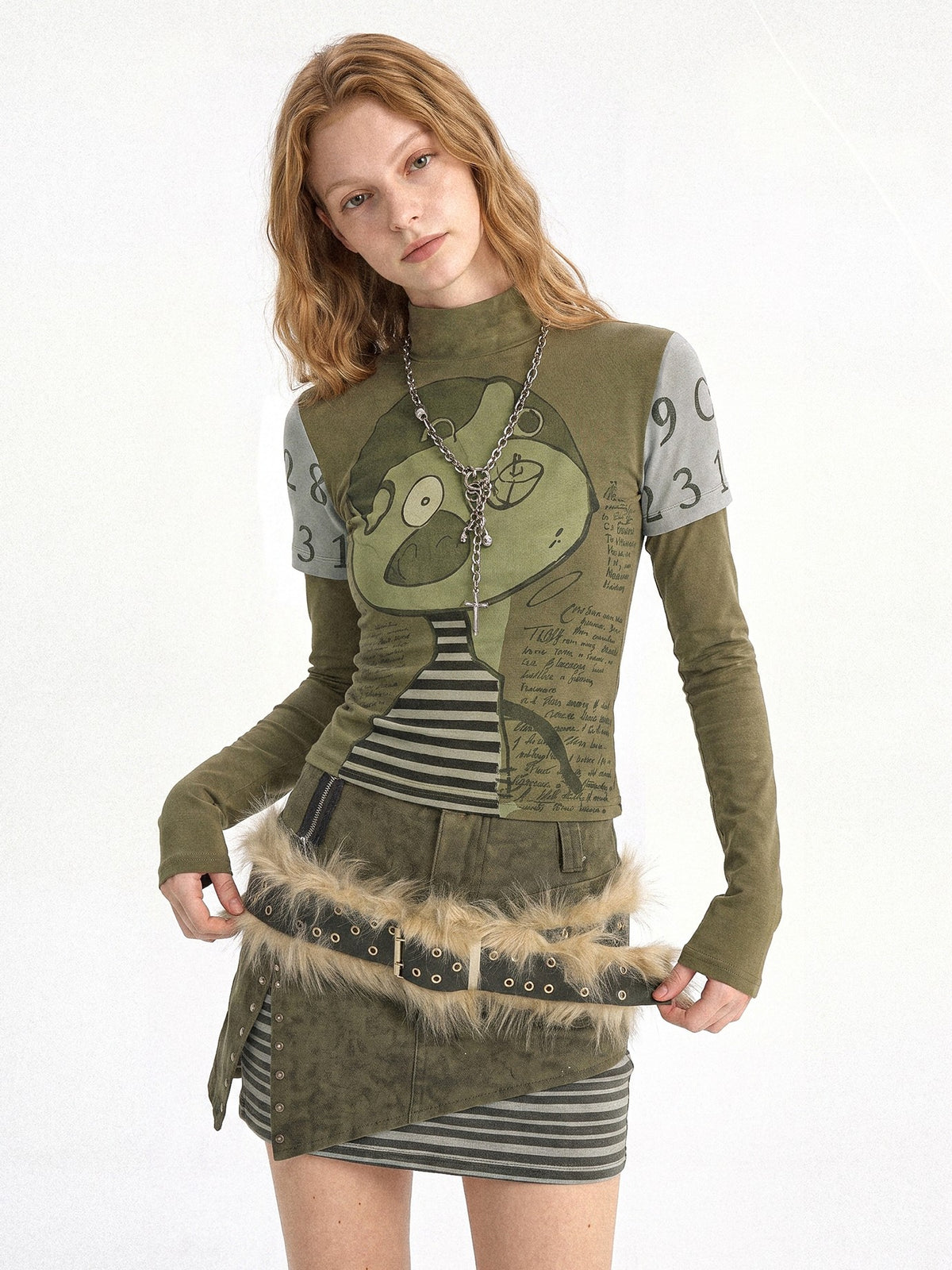 punknova Punk Graffiti Striped Long Sleeve Stand Collar Women's Three Piece Matching Skirt Sets