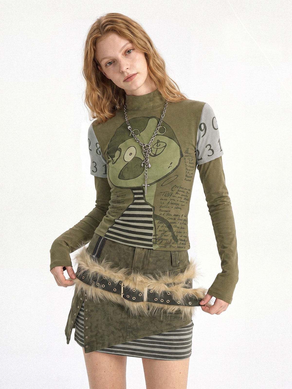 punknova Punk Graffiti Striped Long Sleeve Stand Collar Women's Three Piece Matching Skirt Sets