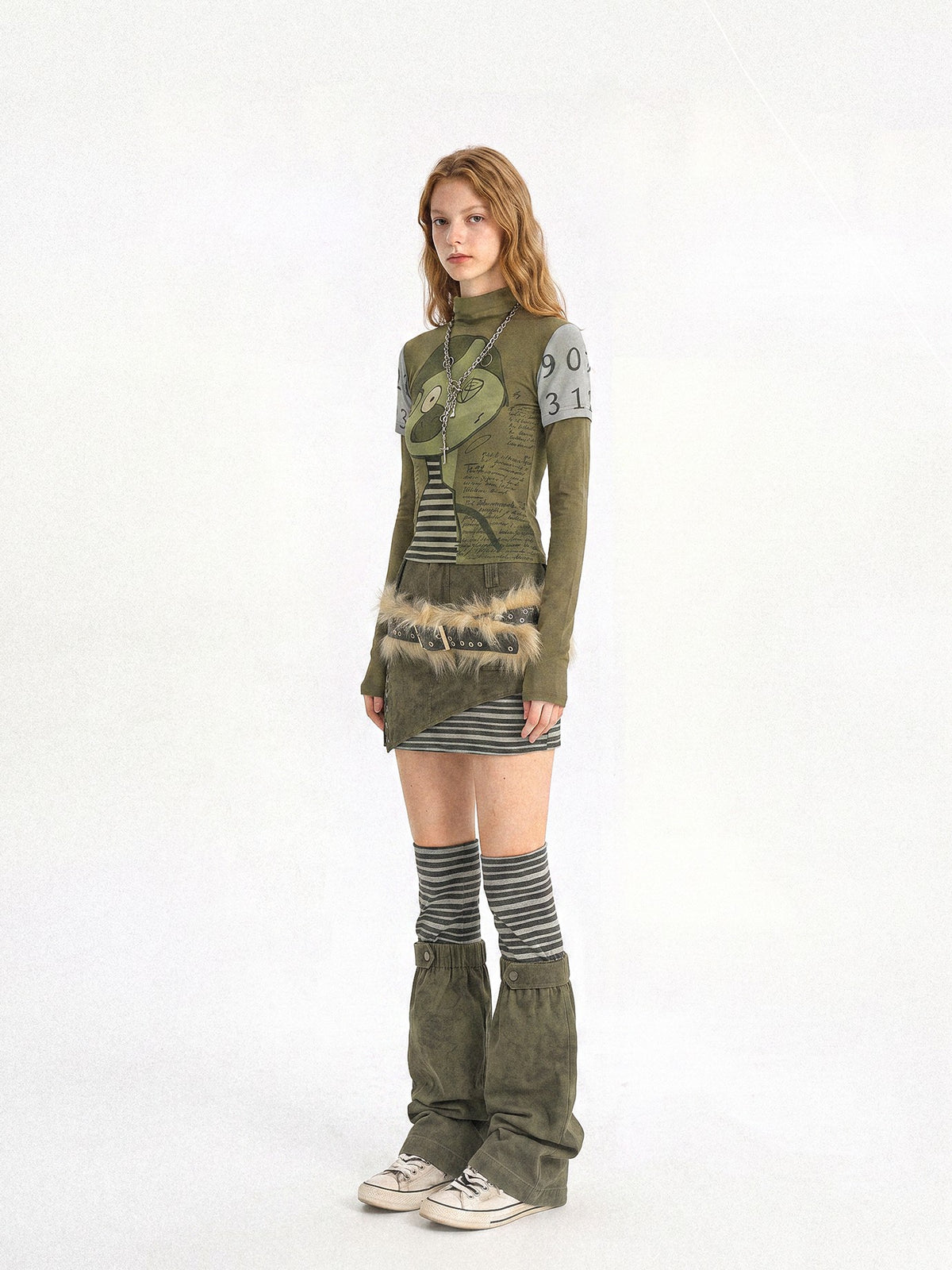 punknova Punk Graffiti Striped Long Sleeve Stand Collar Women's Three Piece Matching Skirt Sets