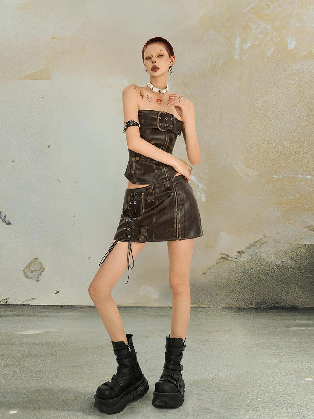 punknova Punk Metal Embroidered Women's Faux Leather Matching Skirt Sets