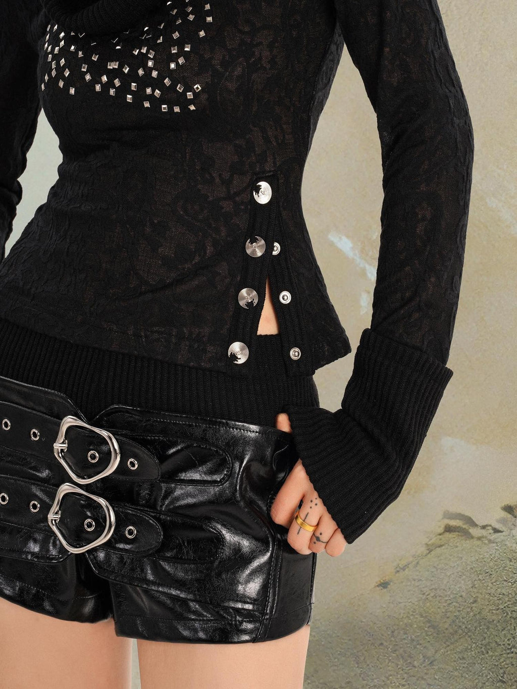 punknova Punk Metal Low Waist Belted Slim Fit Women's Leather Shorts