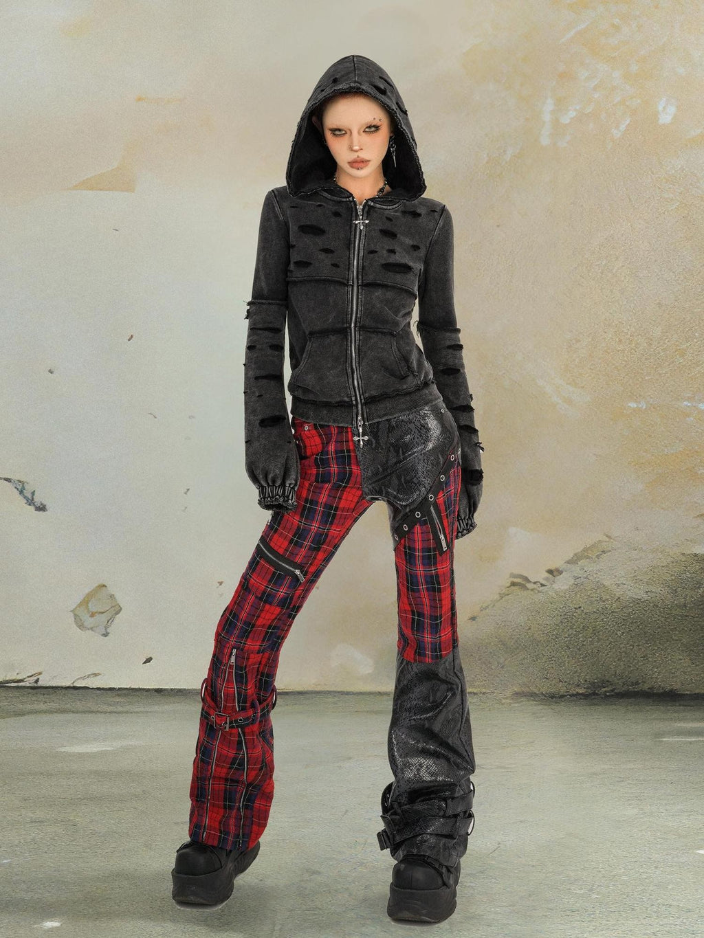 punknova Punk Plaid Spliced Leather Black Red Streetwear Women's Skinny Pants