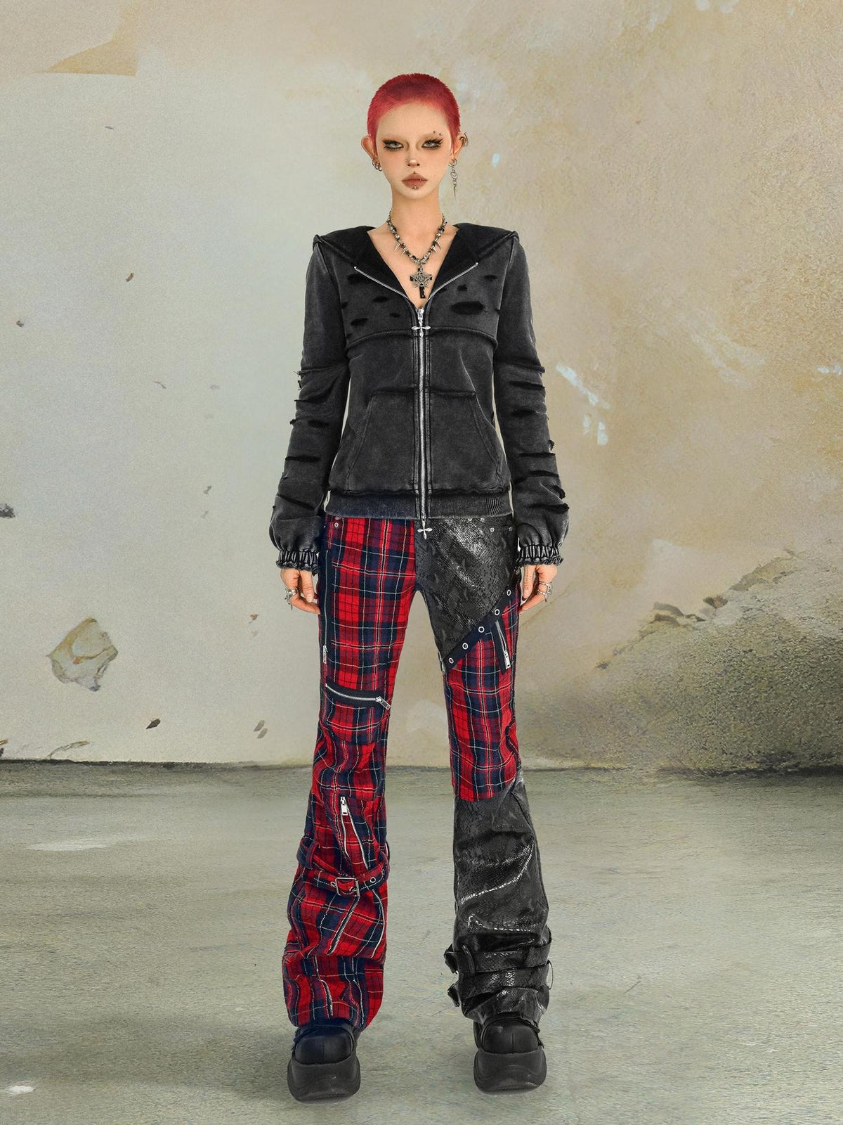 punknova Punk Plaid Spliced Leather Black Red Streetwear Women's Skinny Pants