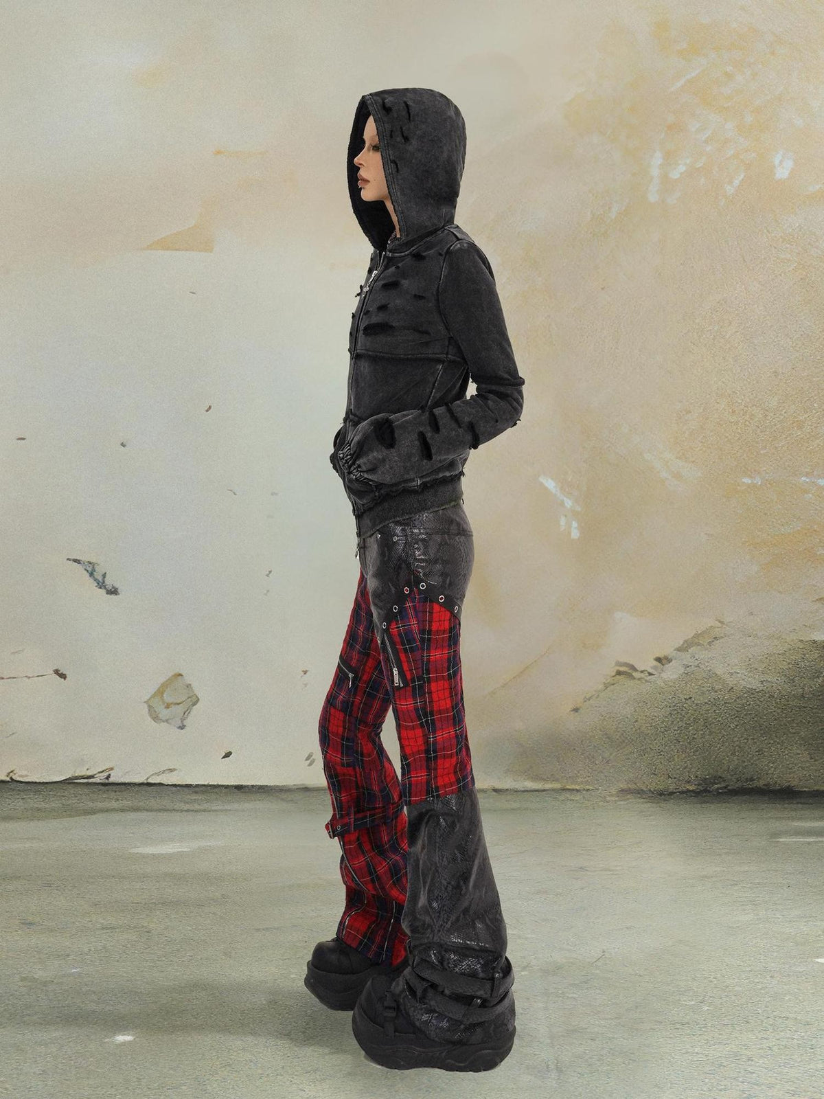 punknova Punk Plaid Spliced Leather Black Red Streetwear Women's Skinny Pants