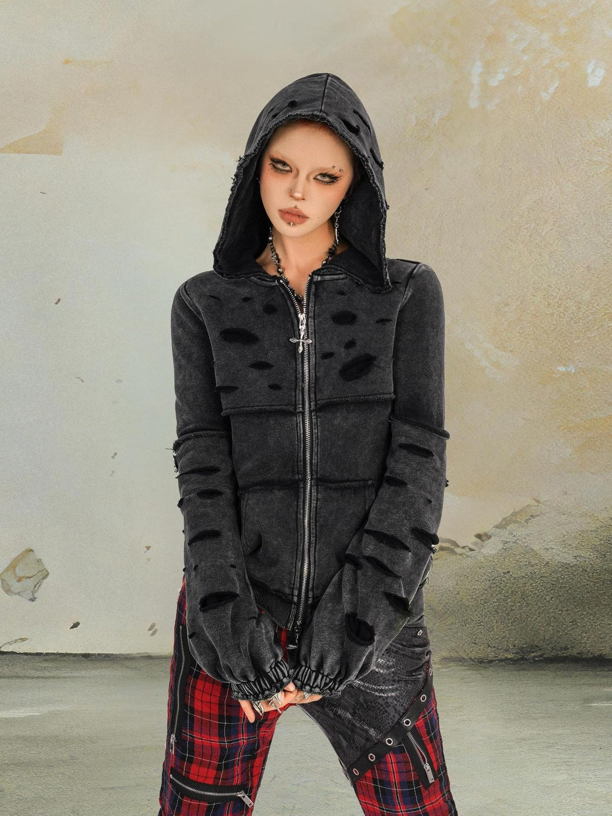 punknova Punk Plaid Spliced Leather Black Red Streetwear Women's Skinny Pants