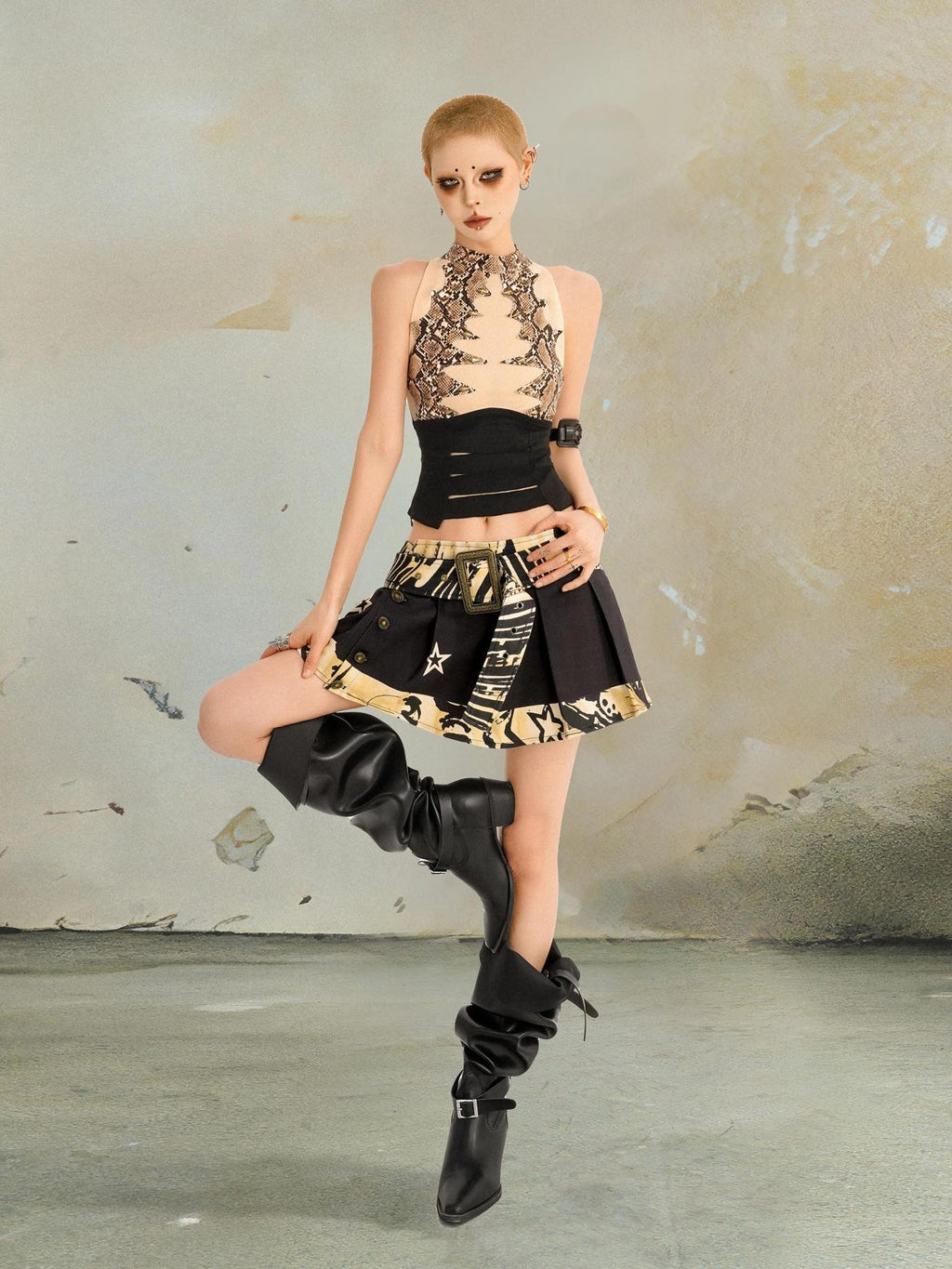 punknova Punk Print Pleated Low Waist Denim Patchwork A Line Women's Mini Skirts