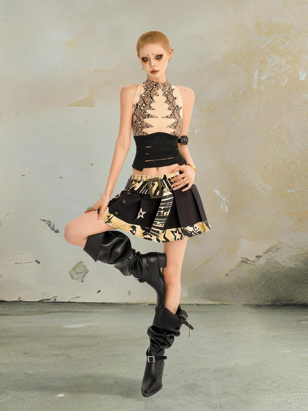 punknova Punk Print Pleated Low Waist Denim Patchwork A Line Women's Mini Skirts