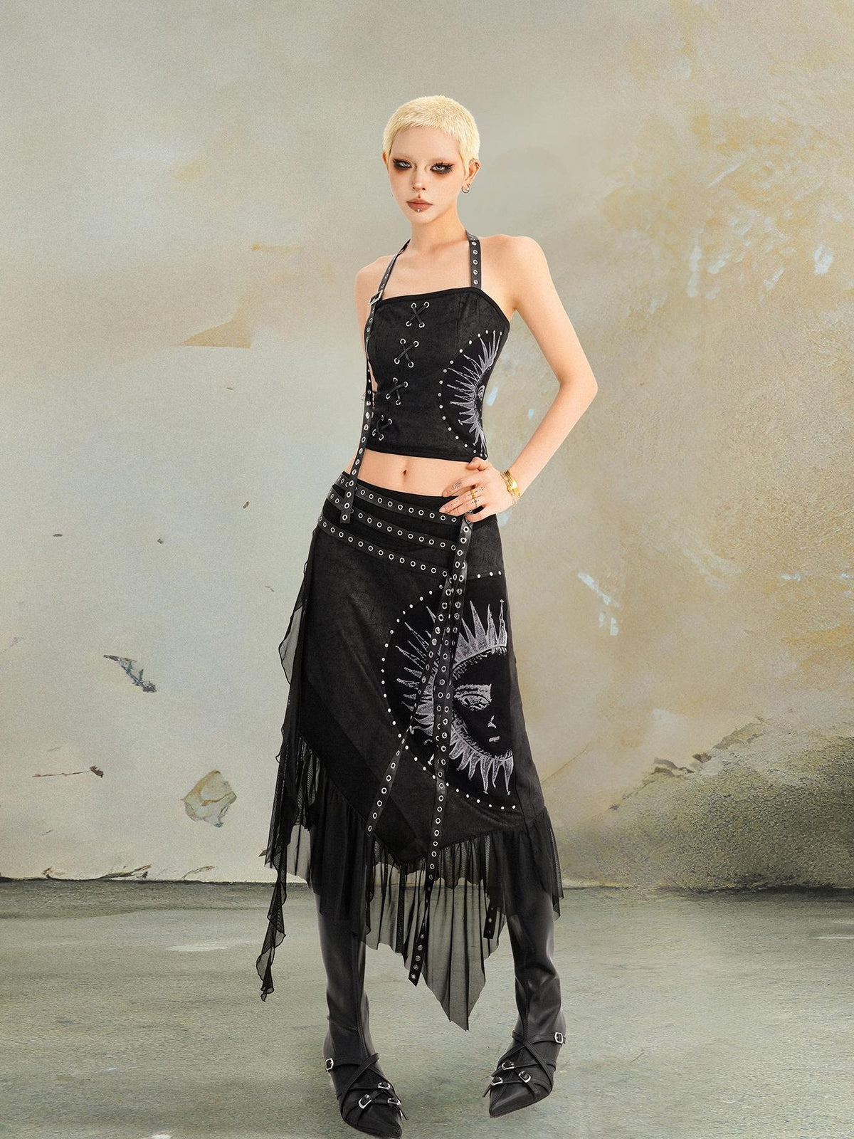 punknova Punk Studded Embroidered Slim Fit Women's Streetwear Halter Tops