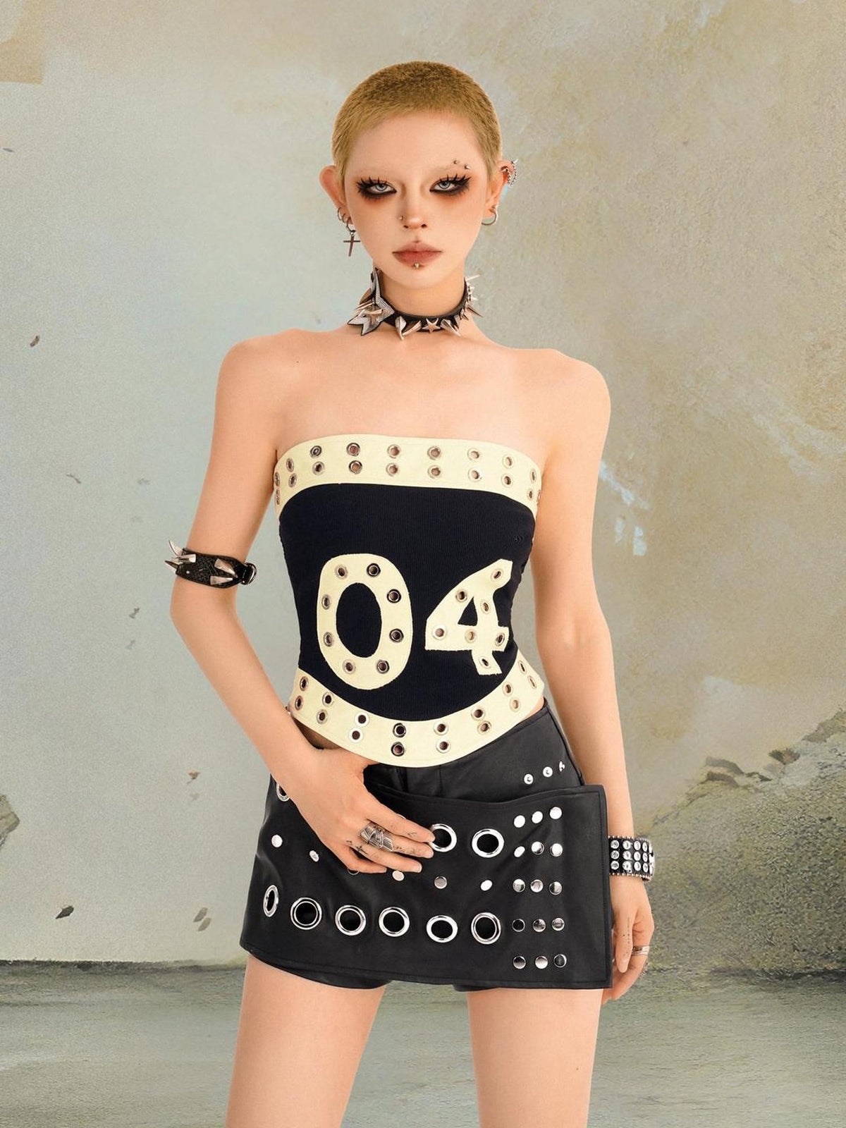 punknova Punk Studded Letter Print Slim Fit Women's Tube Tops