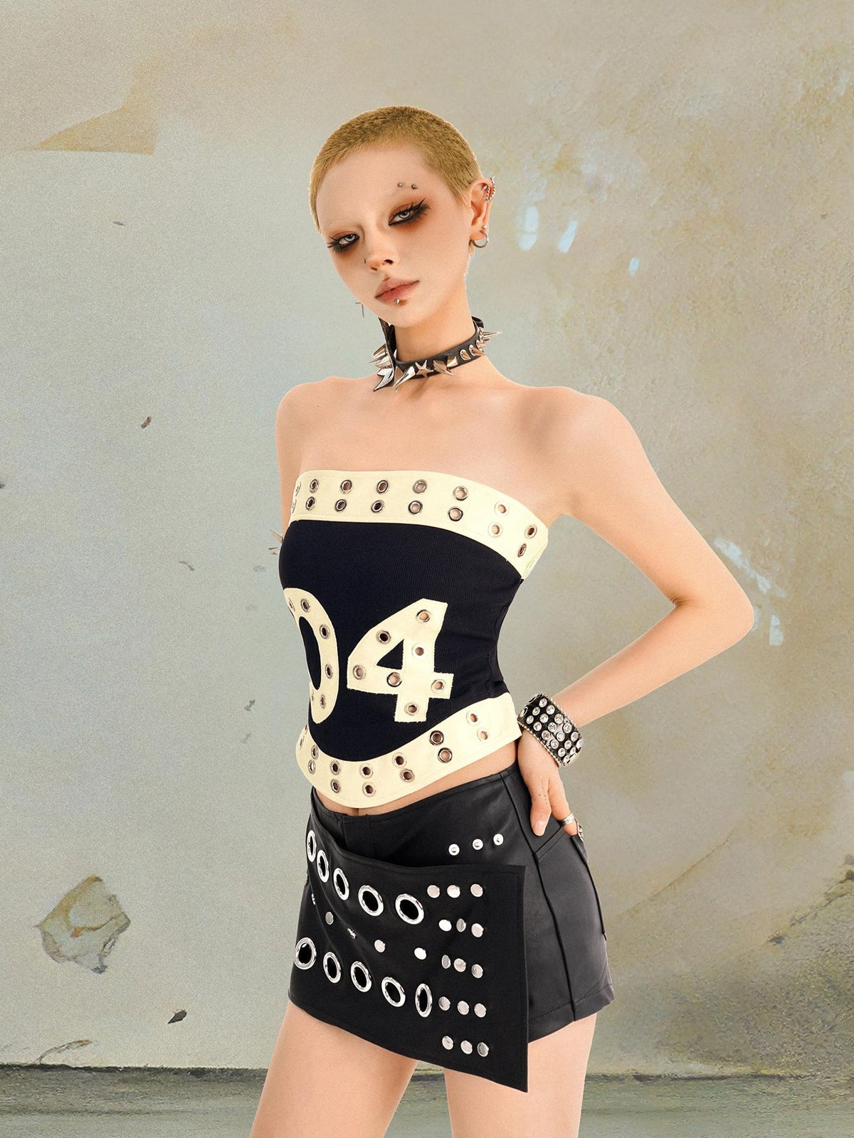 punknova Punk Studded Letter Print Slim Fit Women's Tube Tops