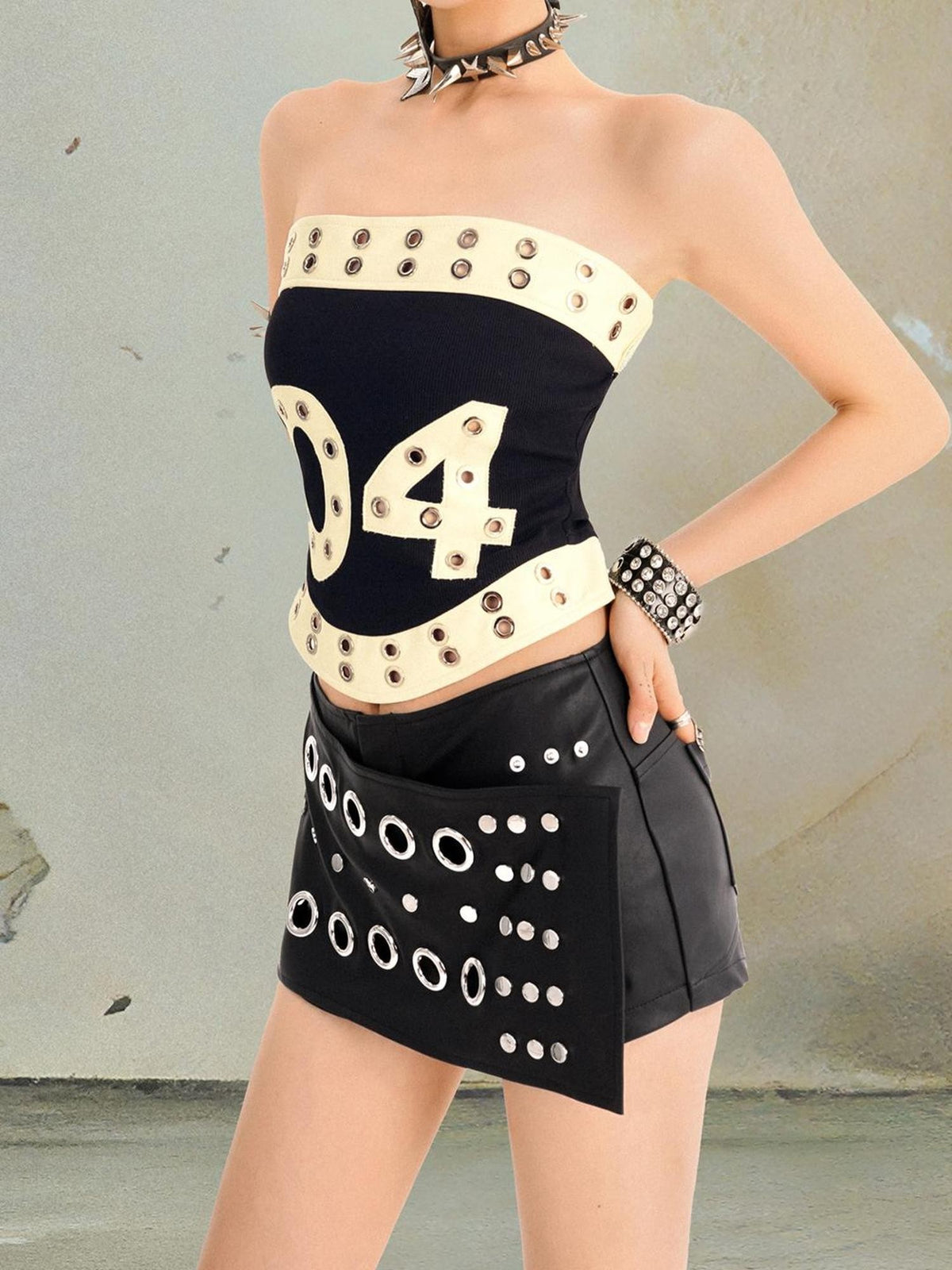 punknova Punk Studded Letter Print Slim Fit Women's Tube Tops