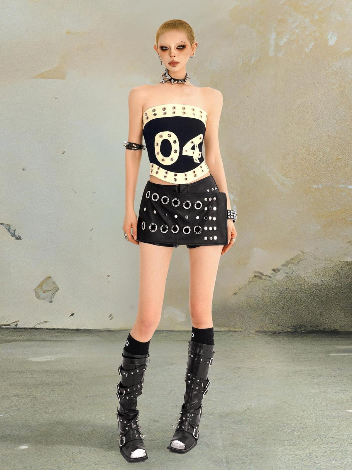 punknova Punk Studded Letter Print Slim Fit Women's Tube Tops