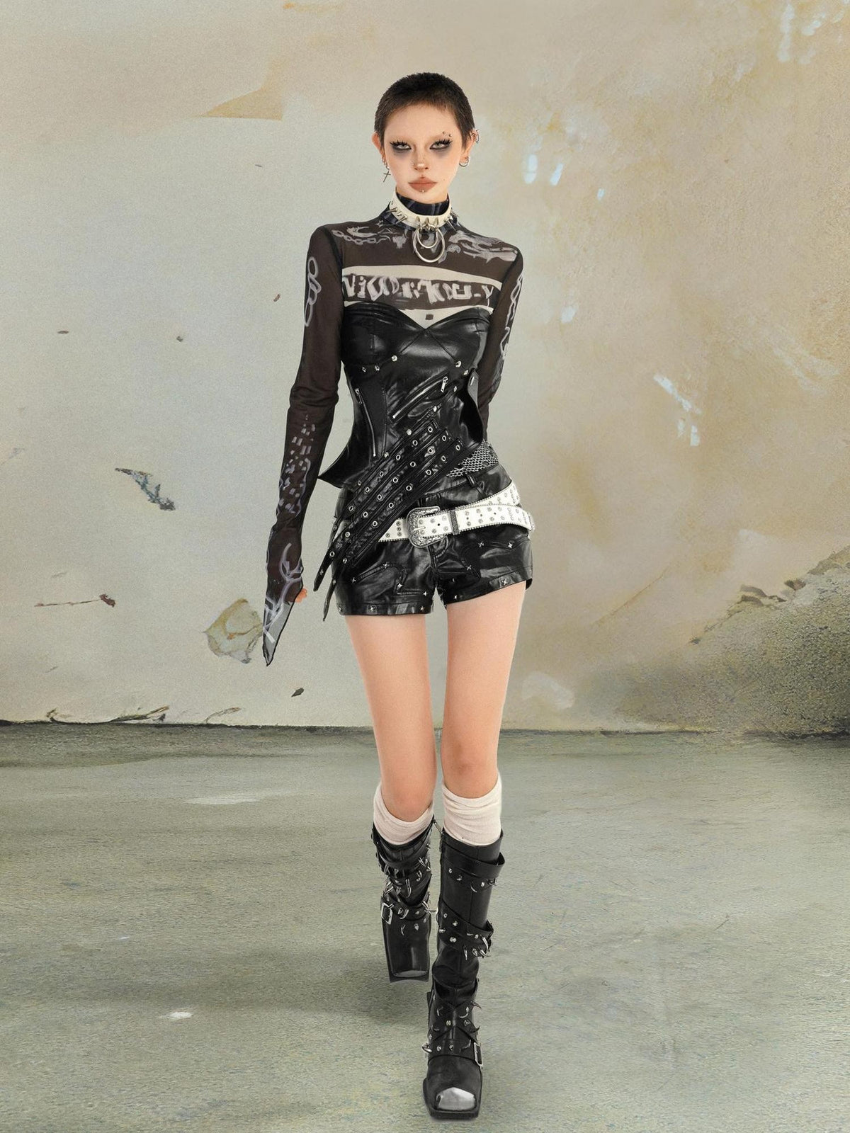 punknova Punk Studded Letter Print Women's Faux Leather Casual Top & Shorts Sets
